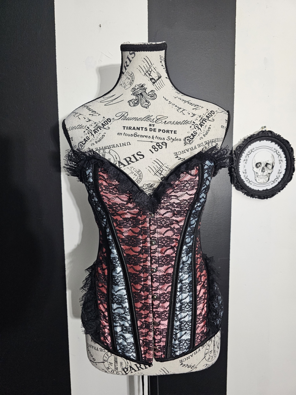 Adore Me Red and Light Blue Lace Corset Bustier with Black Trim